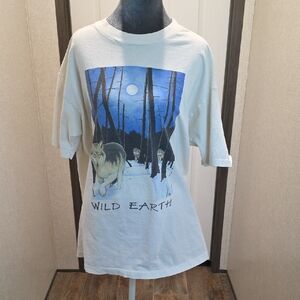 Rare VTG 1995 Human-I-Tees Wild Earth Wolf Wolves Nature T-Shirt 90s White SZ